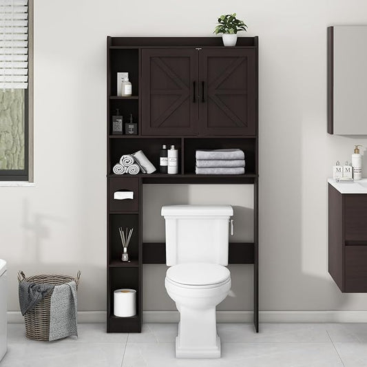 Over The Toilet Storage Cabinet, Farmhouse Storage Cabinet Over Toilet with 2 Barn Door & Toilet Paper Holder Stand, Home Space-Saving Toilet Rack, for Bathroom, Restroom (Black)