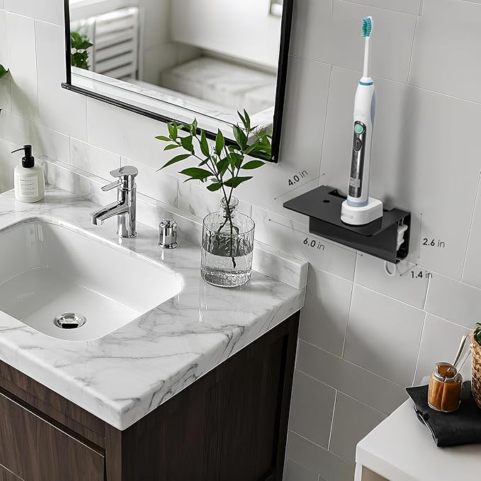 Modern Acrylic Wall Mounted Electric Toothbrush Holder with Hidden Cable Management - Space-Saving Bathroom Organizer for Shower-Safe, Waterproof Adhesive Mount No Drill-Matte Black