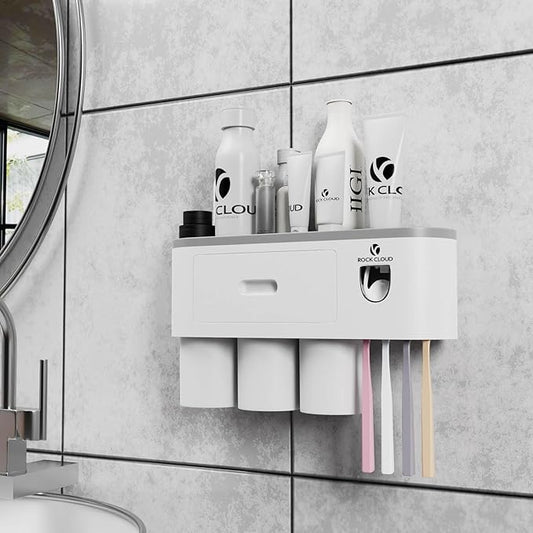 ROCK CLOUD Toothbrush Holder Wall Mounted Automatic Toothpaste Dispenser Squeezer Kit Saving Space, 4 Toothbrush Slots,2 Cups and Drawers for Bathroom