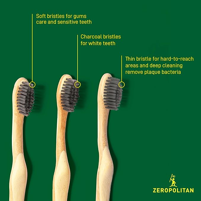 Eco-Friendly Bamboo Toothbrush Set of 4 - Soft Bristle Toothbrush with Ergonomic Handles & Charcoal Bristles – Low Waste & Biodegradable Personal Care Essentials