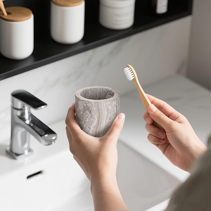 Natural Marble Toothbrush Holder for Bathroom Countertop Toothbrush Makeup Brush Holder for Bathroom,Toothpaste Organizer,Razor Stand,Anti-Slip Rubber Pad (NS043)