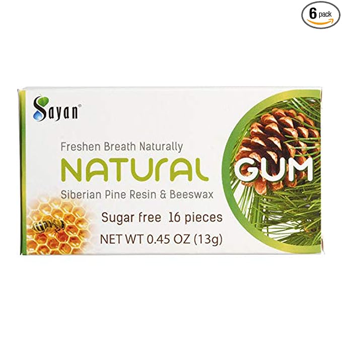 Sayan Sugar-Free All Natural Siberian Pine Tree Resin and Beeswax Chewing Gum – 6 Packs (96 Pieces) for Fresh Breath – Vegetarian, Non-GMO, Gluten Free, Aspartame Free, No Preservatives