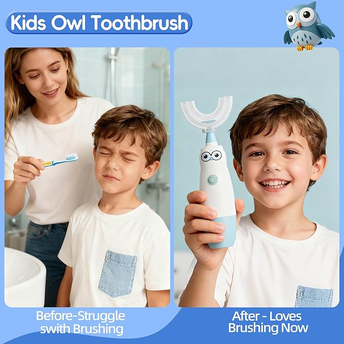 Kids Electric Toothbrush，360-Degree Sonic Vibration, IPX7 Waterproof,Toddler U Shaped Toothbrush with 2 Soft Brush Head,Cute Owl Design Baby Toothbrush for Ages 2–7（Blue）