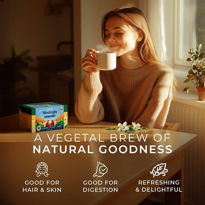 Gya Tea Co Moringa Leaves Herbal Tea Bags (100 Bags) - Caffeine Free with a Tangy Flavor for All Day Comfort, Calming, Relaxing & Nourishing - Fruit & Herbal Blends