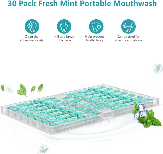 Mouthwash Travel Size Portable Packets to Go, Alcohol & Fluoride Free Fresh Mint MouthwashStrips for Superior Oral Hygiene,30 Individual Disposable Mouthwash Packs(Pack of 30)