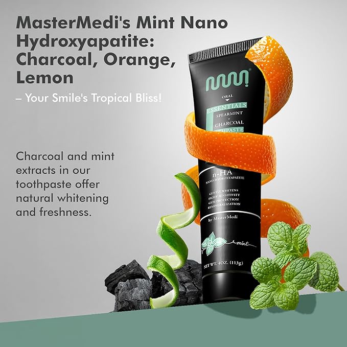 MasterMedi Nano Hydroxyapatite Toothpaste (Inspired by 10% nHA Formulas), Fluoride-Free, Charcoal Whitening, Sensitive Teeth Care, Enamel Support, SLS-Free, Xylitol, Citrus Mint, 4 Oz (Pack of 2)