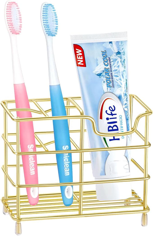 HBlife Small Toothbrush Holder for Bathroom, 5 Slots Gold Stainless Steel Bathroom Accessories Organizer for Small Spaces