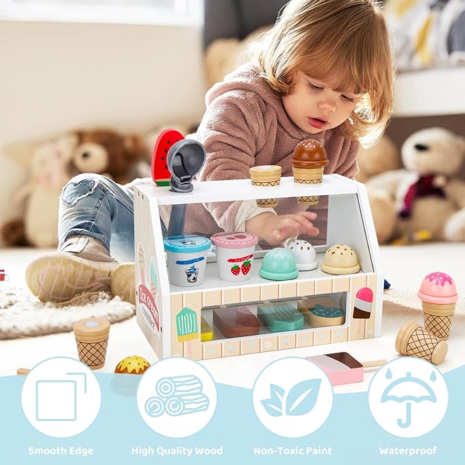 Wooden Ice Cream Toys for Kids Ice Cream Counter Shop for Toddlers Pretend Play Food Scoop and Serve with Scoop & Menu & Fake Money for Boys and Girls Ages 3 4 5 6 (Beige)