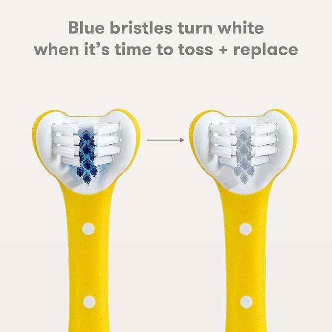 Frida Baby Triple-Angle Toothhugger Training Toddler Toothbrush | Toddler Toothbrush 2 Years and Up, Cleans All Sides at Once | 2 Pack (Yellow + Blue)