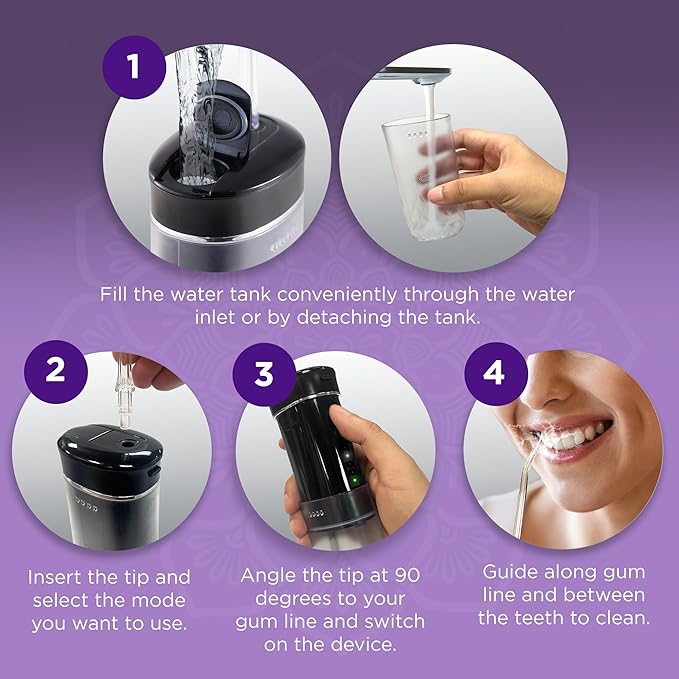 GuruNanda Compact Water Dental Flosser, Portable Travel Size Oral Irrigator Flosser with Collapsible 180 ml Tank, Smart Timer, 4 Flossing Modes, TSA-Approved - Black