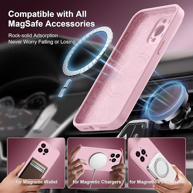 Magnetic for iPhone 15 Pro Case, Compatible with MagSafe, with 9H Nano Screen Protectors, Full Camera Protection, Silicone Shockproof Microfiber Lining Phone Case 6.1", Chalk Pink
