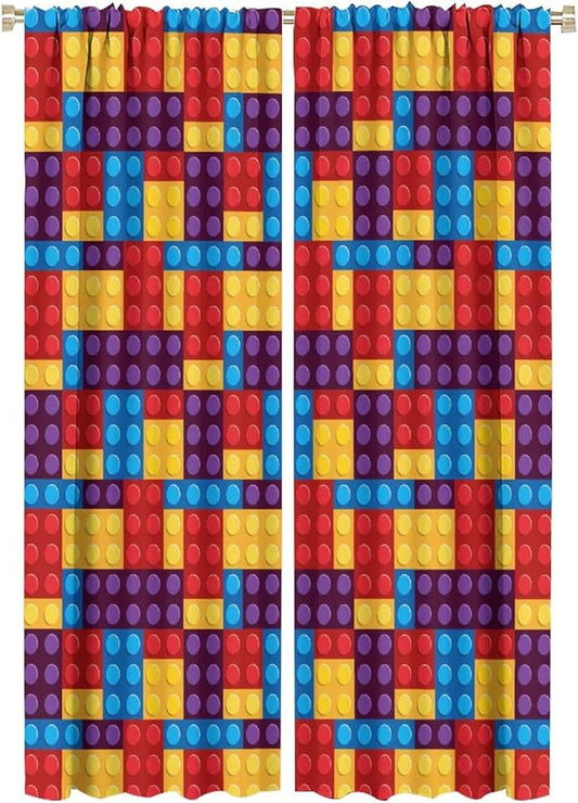 Building Block Colored Curtains, Children's Themed Curtains Collection Building Block Patchwork Cartoon Print Curtains, Light Trim 2 Panel Set Rod Pockets 42x63in