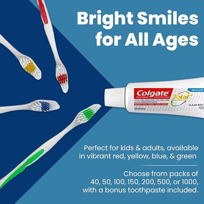 1000 Toothbrushes Bulk Wholesale Quantity Standard Size, Dental Care Toiletries, Medium Soft Bristles, Individually Wrapped, Homeless Care, Disposable Use, Hotels, Travel,