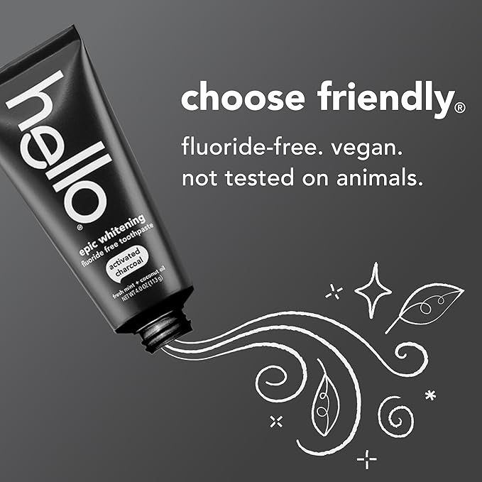 hello Epic Whitening Charcoal Fluoride Free Toothpaste, Activated Charcoal Toothpaste with Coconut Oil, Whitens Teeth Naturally, SLS Free, Fresh Mint, 4.0 Oz Tube