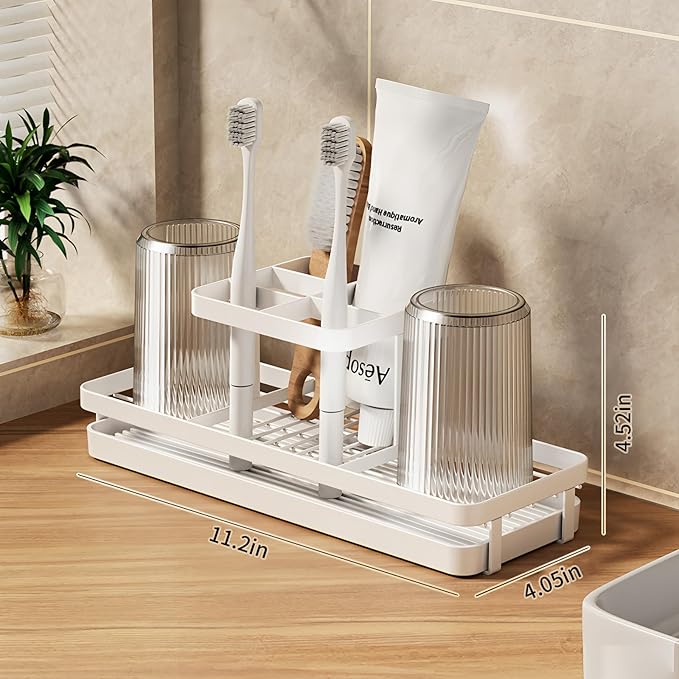 Toothbrush Holders for Bathrooms, 5 Slots Carbon Steel Tooth Brushing Holder Electric Toothbrush and Toothpaste Organizer Bathroom Accessories for Countertop, Shower, White