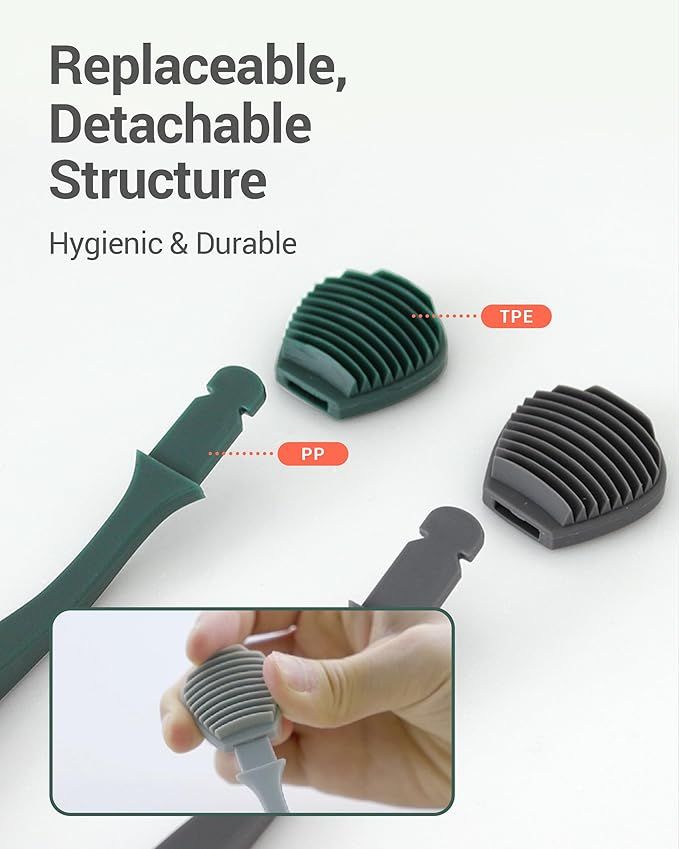 DEARCUS Korean Tongue Scraper with 3 Replaceable Heads - 100% BPA Free TPE Tongue Cleaner - Reduce Bad Breath & Without Hurt - Hygienic Scraper - Modern & Simple Design (Deep Gray)
