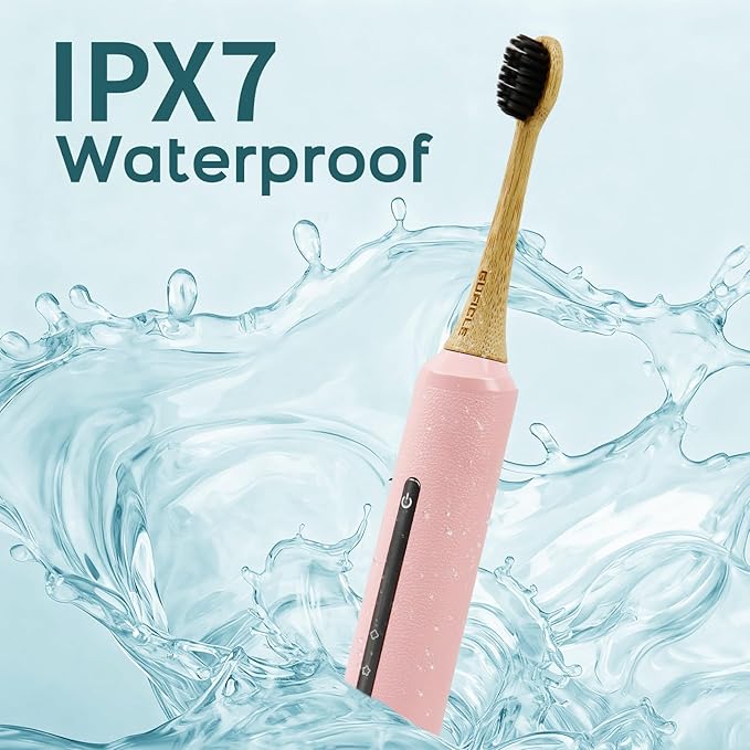 Bamboo Electric Toothbrush for Adults丨Rechargeable Electric Toothbrush with 3 Non Toxic Charcoal Infused Bamboo Brush Heads, 5 Cleaning Modes, 60 Days Battery Life, IPX7 Waterproof-White