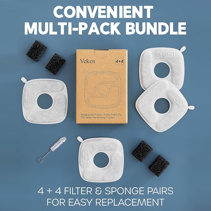 Veken Cat Water Fountain Filters, 4 Pack Replacement Filters & 4 Pack Replacement Pre-Filter Sponges Set for 50oz, 84oz, 95oz Automatic Pet Fountain Dog Water Dispenser