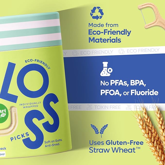Individually Wrapped Dental Floss Picks (50ct) - Eco-Friendly Flosser Handle Made with Straw Wheat Blend | Great for Travel | PFA Free | Toothpick Stick Soft On Gums & Teeth | Vegan | Mint
