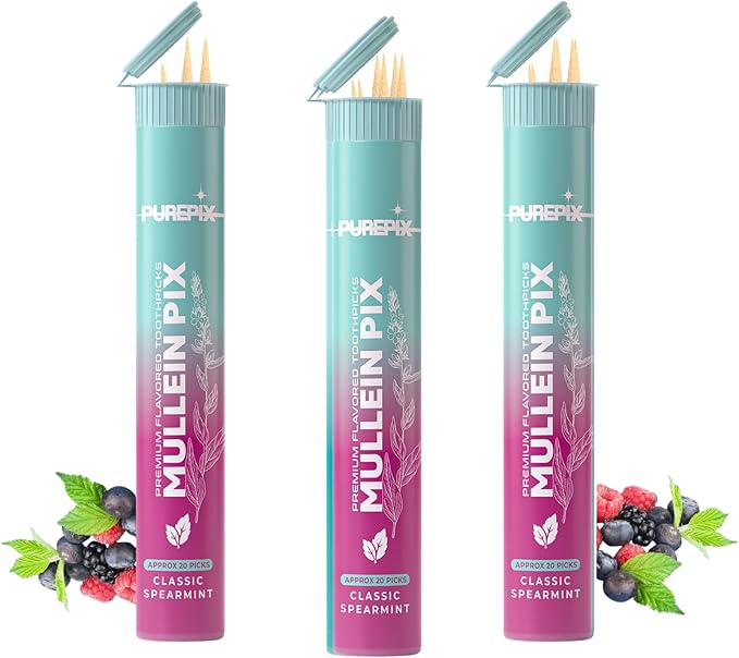 Mullein Pix, Extra Thick Flavored Toothpicks Infused with Mullein Leaf, Natural Quit Smoking Alternative, Lung Cleanse Support, Nicotine Free, Kosher Vegan, Made in The USA (Classic Spearmint 3 Pack)