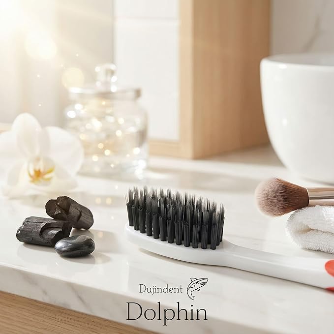 Dolphin Charcoal Toothbrush Extra Soft Bristle Manual Soft Long Flossing, Ultra Clean Toothbrush, Good for Sensitive Teeth and Gums (Black, Charcoal 4 Packs)
