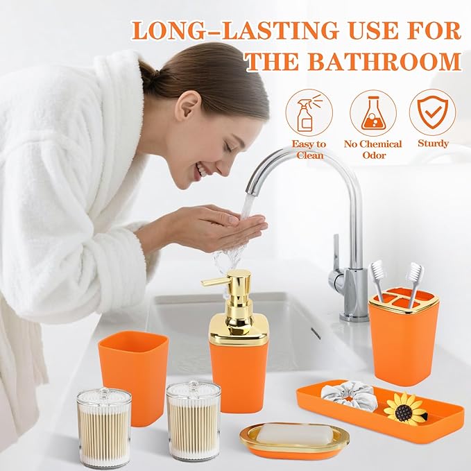 Orange Bathroom Accessories, Bathroom Sets with Stripe Shower Curtain, Orange and Gold Bathroom Accessories Set with Trash Can, Soap Dispenser, Soap Dish, Qtip Holders for Bathroom