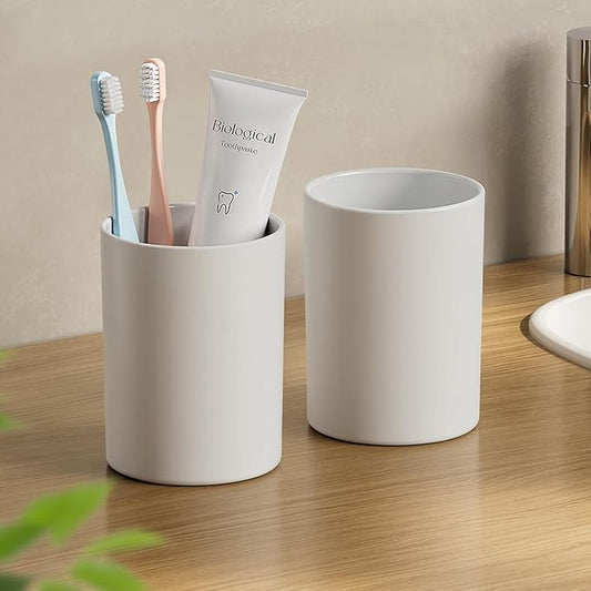 Toothbrush Cup 13.75oz 390ml with Non-Slip Pad, Easy to Clean Bathroom Cup 2Pcs, Reusable Plastic Bathroom Tumbler, Grey
