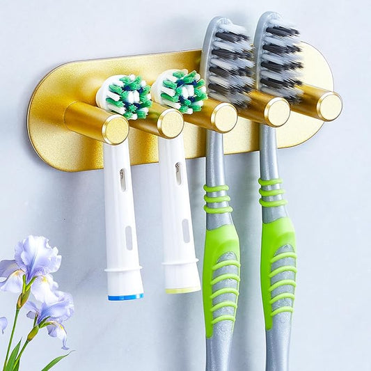 Electric Toothbrush Head Holder, Toothbrush Holders Wall Mounted, Adhesive Tooth Brush Head Holder Organiser, Electric Toothbrushs Holder, Shower Tooth Brushing Holder (Gold, Large)