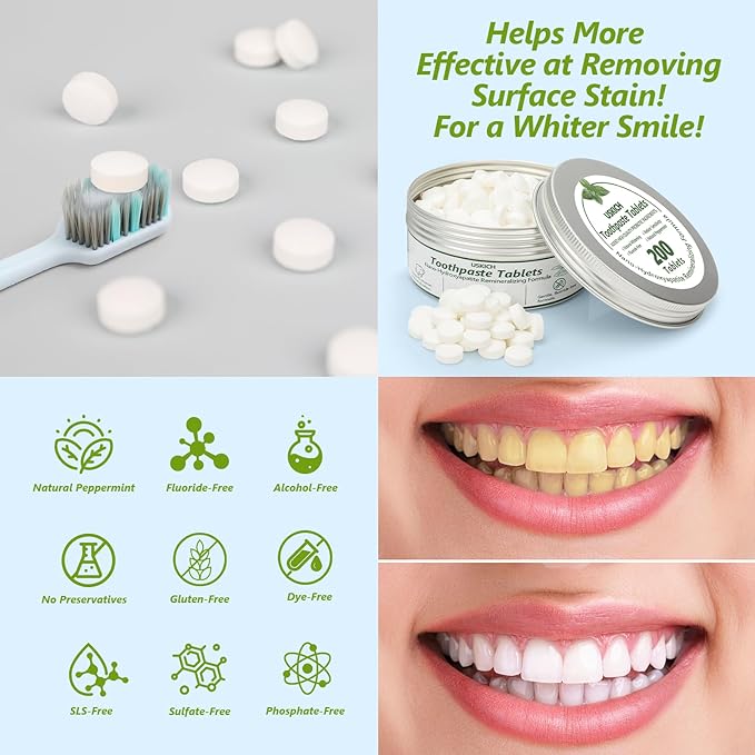 200 Pcs Toothpaste Tablets,Nano Hydroxyapatite with Probiotics, Reduce Sensitivity,Fluoride & Plastic Free, Eco Friendly & Travel Mouthwash Tablets