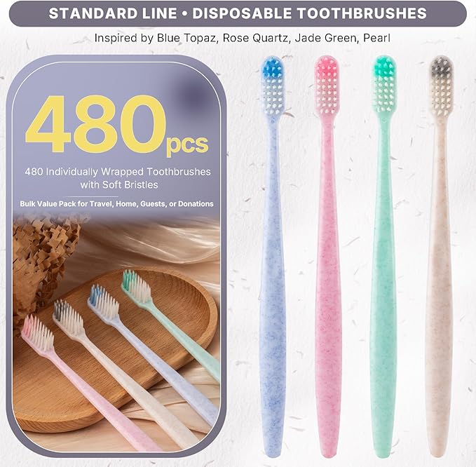 480-Pack Disposable Toothbrushes Individually Wrapped, Soft PBT Bristle Bulk Portable Travel Toothbrushes for Adults & Kids, Guest Bathroom, Hotel, Camping, Donation - 4 Gemstone Colors