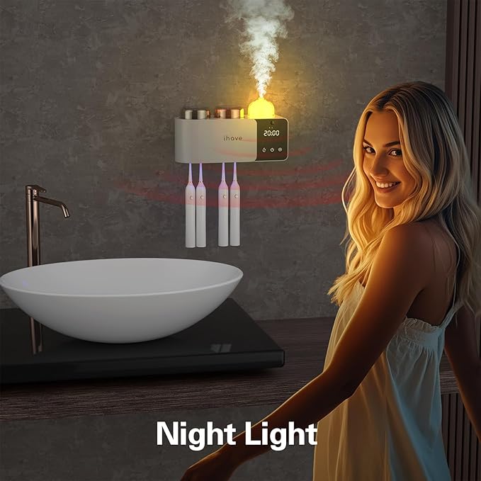 iHave Toothbrush Holders with UV Toothbrush Sanitizer, Aromatherapy Diffuser & IR Night Light - 4-Hour Smart Cruise Disinfection, Auxiliary Combo Drying - Wall-Mounted Bathroom Organizer with 2 Cups
