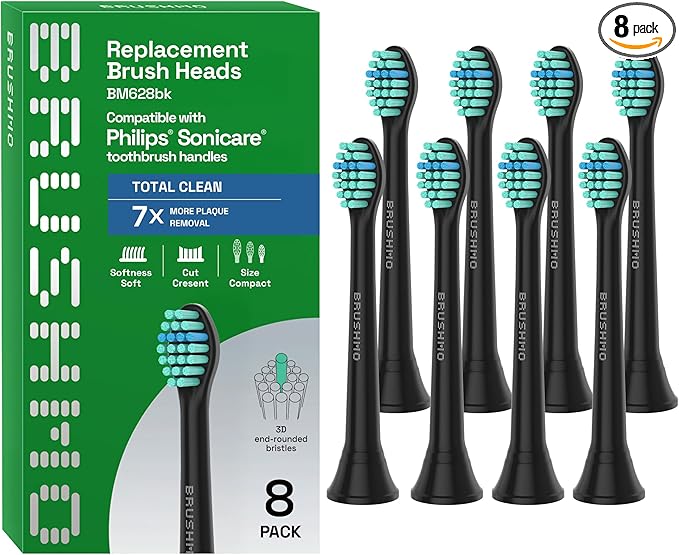 Brushmo Total Clean Replacement Toothbrush Heads, Compatible with Philips Sonicare Click-on Electric Toothbrush Handles, 8 Compact Heads for Hard-to-Reach Areas, Soft Dupont Bristles, BM628, Black