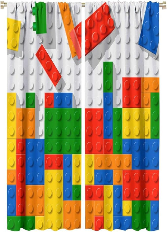 Building Blocks Toy Curtain Rod Pocket Children's Nursery Abstract Outline Colorful Plastic Toy Brick Geometric Print Pattern Curtain Boys Girls Bedroom Playroom 2 Panels 42x63in