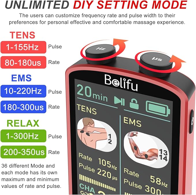 TENS EMS Unit Muscle Stimulator for Pain Relief Therapy - 4 in 1 TENS & EMS & Relax & Custom Frequency+Pulse - Muscle Massager 36 Modes 20 Intensity, Memory & Favorites Function, 3.8" Color Display