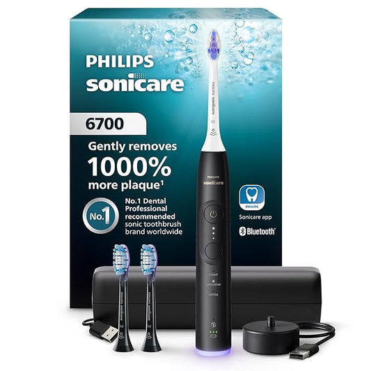 Philips Sonicare 6700 Series Electric Toothbrush - Next-Generation Sonicare Technology, Pressure Sensor, 9 Brushing Settings, SmarTimer, BrushPacer, 21-Day Runtime, Travel Case, Black, HX7411/06