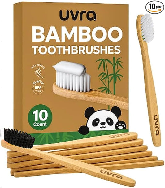 Bamboo Toothbrushes for Adults - 10 Pack Eco-Friendly, Biodegradable, Charcoal-Infused Soft Bristles Bamboo Toothbrush - Sustainable Plastic Free, Compostable Natural Wooden Toothbrushes