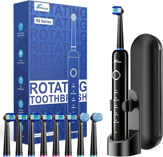 Rtauys R6 Rotating Electric Toothbrush for Adults, Fast Charge, Come with 8 Brush Heads (2 Types) and Travel Case, 5 Modes, 50000VPM Powered Toothbrush, 2 Minute Timer