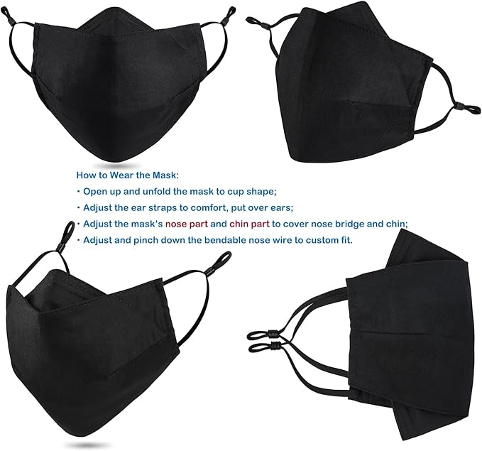 Yarehand 3-Ply Organic Cotton Cloth Face Mask Reusable Washable, Face Masks Adjustable Ear Loops Nose Wire Filter Pocket, Pack of 3 No Fog/Dust for Unisex Adult (3 Black)