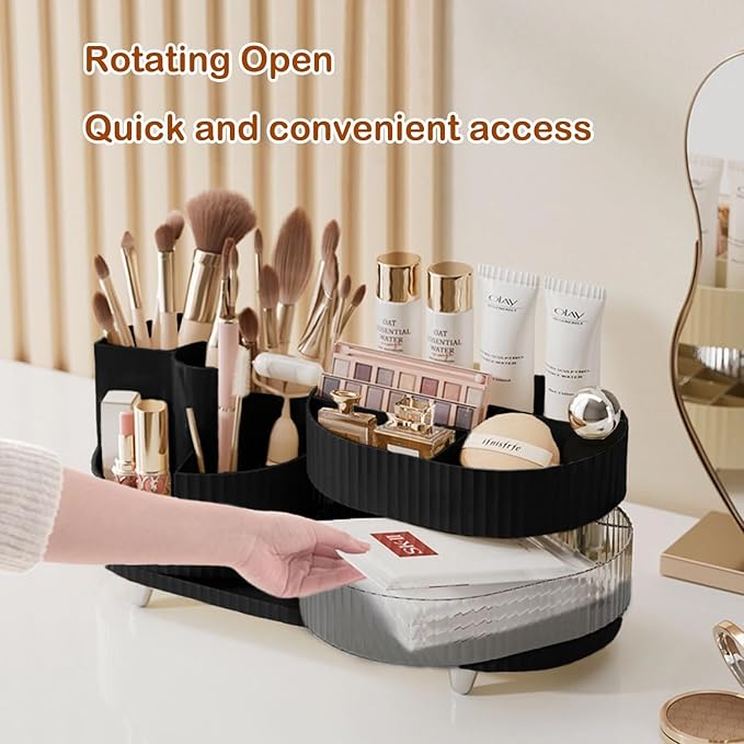 Makeup Organizer Countertop 360°Rotating Makeup Organizer for Vanity - Cosmetic Storage Holder with Makeup Brush Holder and Jewelry Storage (3 Tiers, Black)