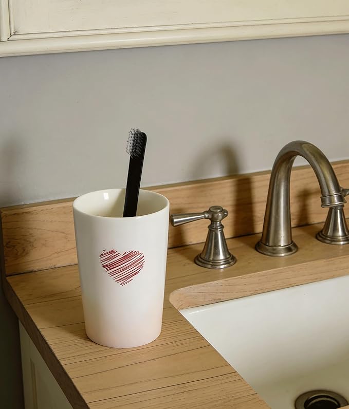 Kelake White Ceramic Tumbler Cup for Bathroom Toothpaste Toothbrush Holders Water Milk Drinks Cup 350 ml Bathroom Red Heart Couples Cup for Christmas Birthday