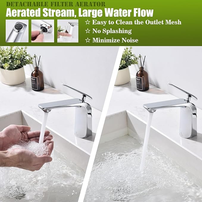 TOCALOCA Bathroom Sink Faucet Chrome Single Handle 1 Hole Vanity Sink Faucet Cold and Hot Water Mixer Tap, Single Lever Lavatory Faucet