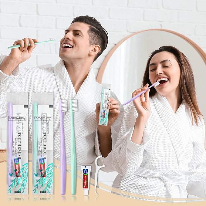 Disposable Toothbrushes, Toothbrush and Toothpaste, Toothbrush and Toothpaste Travel, Comes with Floss Picks, Individually Packaged, 2 Colors, Suitable for Hotel, Home, Camping, Travel (PACK-30)