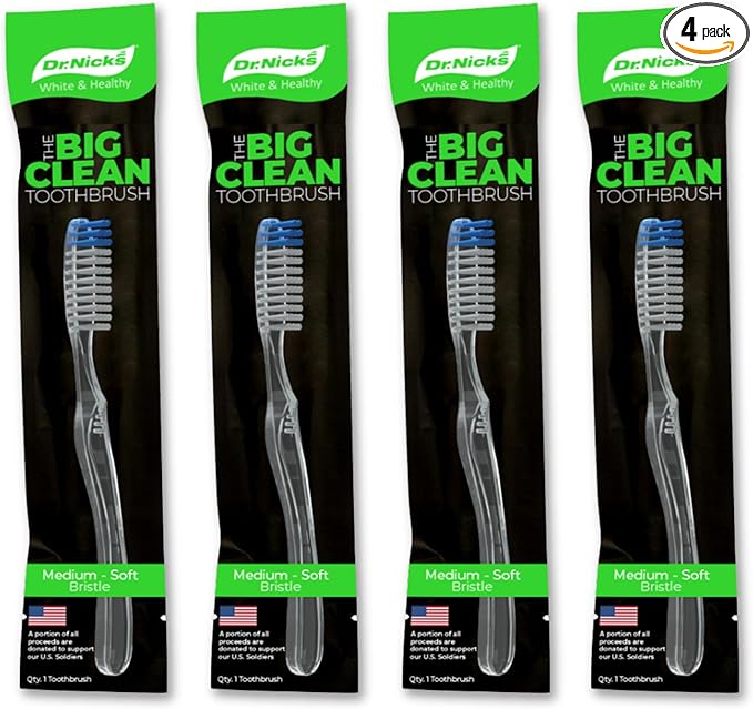 Dr. Nicks White & Healthy The Big Clean Large Toothbrush Medium Soft - Bulk Toothbrushes (4 Pack) - Dentist Designed Deep Gum Toothbrush - Large Head Medium Soft Toothbrushes for Adults