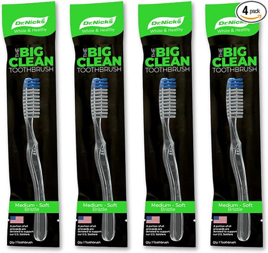 Dr. Nicks White & Healthy The Big Clean Large Toothbrush Medium Soft - Bulk Toothbrushes (4 Pack) - Dentist Designed Deep Gum Toothbrush - Large Head Medium Soft Toothbrushes for Adults