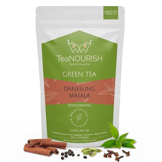 TeaNOURISH Darjeeling Masala Green Tea | Loose Leaves | Blended with Cardamom, Cinnamon, Black Pepper & Clove | 100% NATURAL | 50 Cups Hot or Iced Tea - 3.53oz/100g