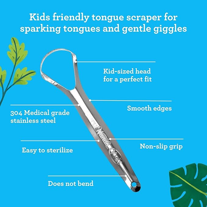 GuruNanda Kids Tongue Scraper (2-Pack) with Travel Case, Stainless Steel, Aids in Fresh Breath - Travel-Friendly Tongue Cleaner (Green/Pink/Orange)