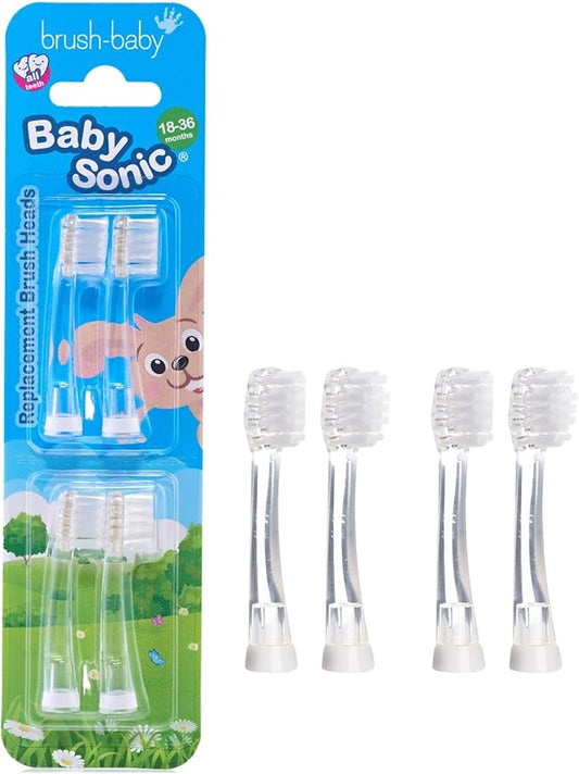 Brush-Baby - Replacement Heads for BabySonic Electric Toothbrush, 18-36 Months - Soft, Gentle Brush Heads for Baby Teeth & Gums - Toddler Toothbrush Head, BPA-Free, Toddler Oral Care - 4 Pack