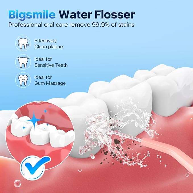 Bigsmile Water Flosser for Teeth, Electric Oral Irrigator, Cordless Water Flosser, USB Rechargeable, IPX7 Waterproof, Effectively Maintain Oral Cleanliness and Health (Pink)