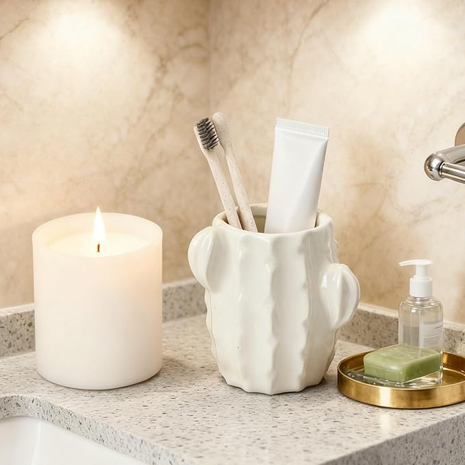 Ceramic Cactus Toothbrush Holder for Bathrooms，Toothpaste Holder Cute Toothbrush Holder Set,for Bathroom Counter and Desk Office Fun Decor Desk Organizer, Makeup Brush Holder -White