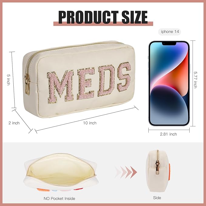uekeboag Personalized Chenille Letter Patch MEDS Bag,Cute Nylon Drug Medicine Travel Makeup Bag with Zipper, Preppy Vitamin Organizer Bag for Women and Girls (02Beige-Pink)